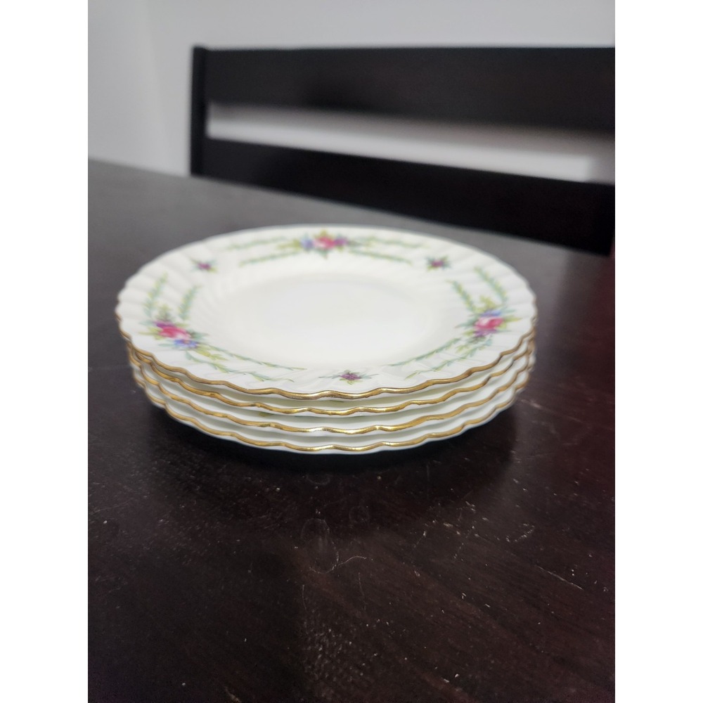 Set Of 4 Minton Chiltern Porcelain Bread Plates, Scalloped, Gold Rim 6 in